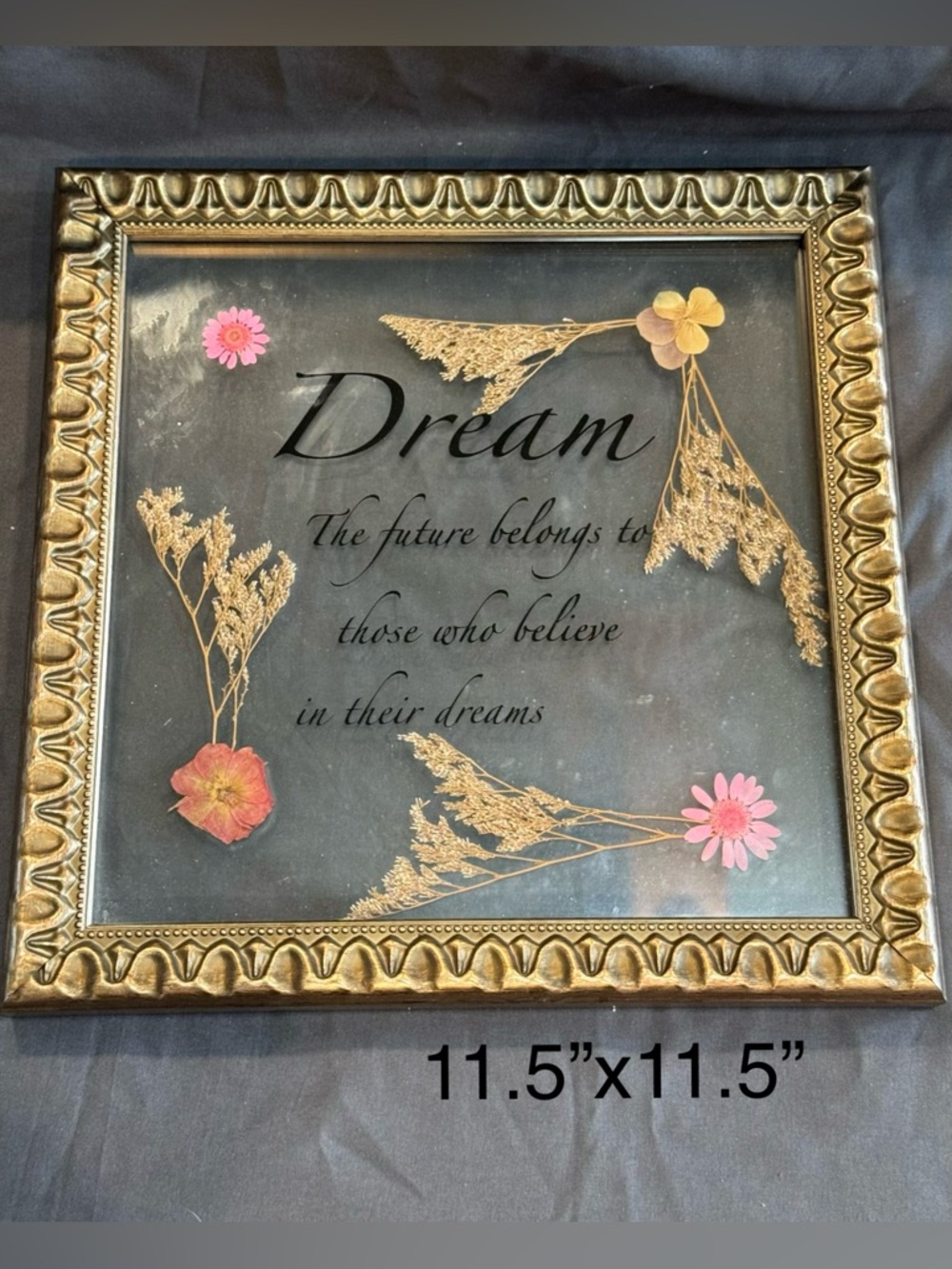 Framed 'Dream' Glass Art with Pressed Flowers - Gold Frame